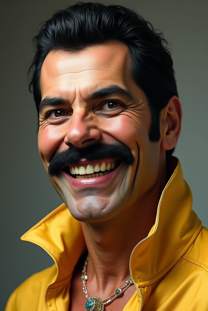 Create Freddie Mercury if he were still alive, with the appearance he would have according to his age today , he still has big teeth as he always did.