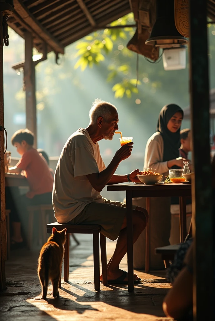 (Photorealism 1.2) high detailed definition cinematic cinematography old malay man wearing white t-shirt short trousers at old rusty wood coffee shop sitting drinking coffee bowl of noodles at table young women hijab shop attendant servings customer kids running cat begging food wet floor morning mode sunlight silhouette at Malay old town malay noodle store chef cooking