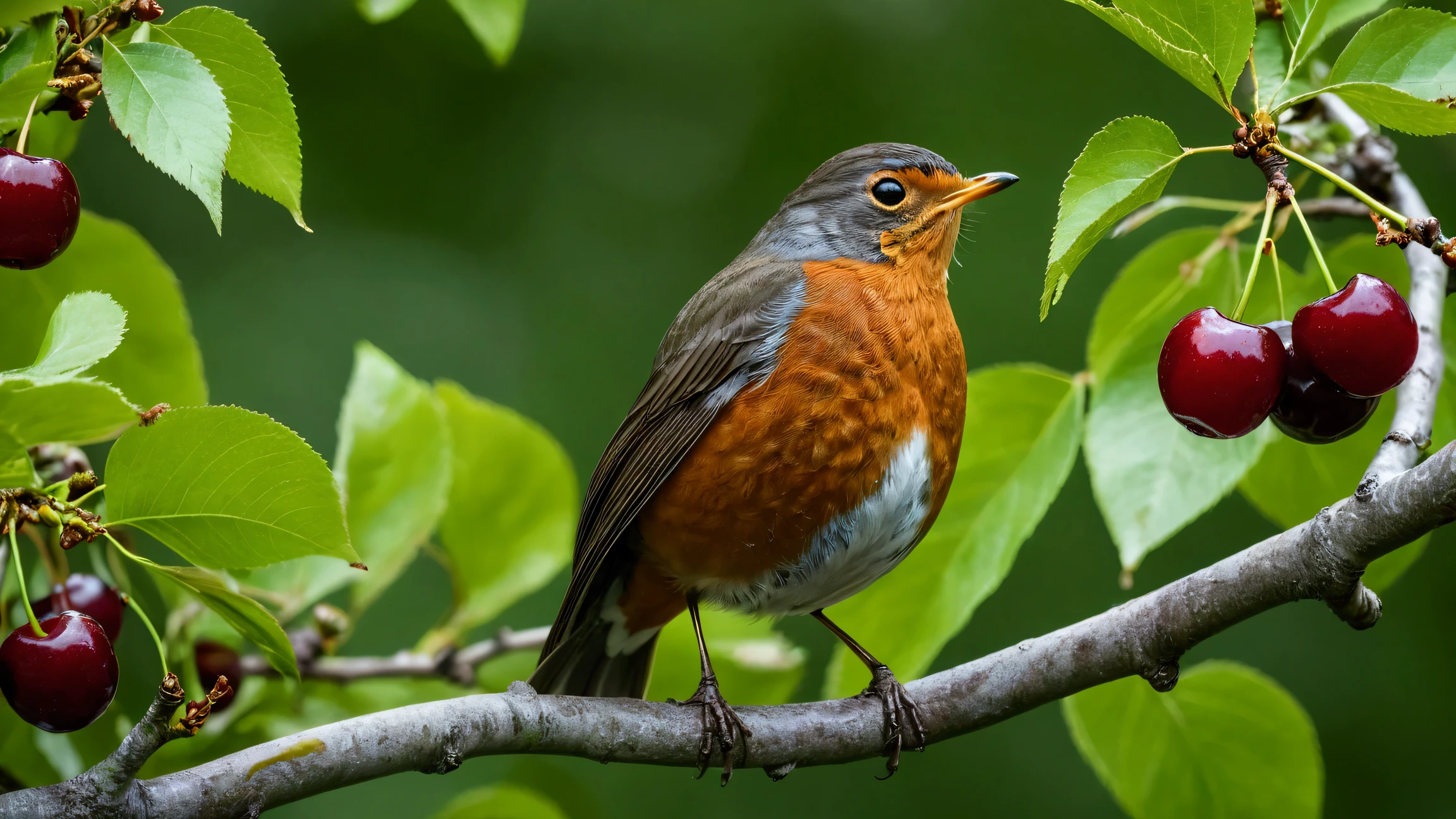 Ultra-high-definition 8K close-up photo of a North American robin perched gracefully on a cherry tree branch. The bird is in a beautiful pose, surrounded by lush green leaves and clusters of nearly ripe cherries.
