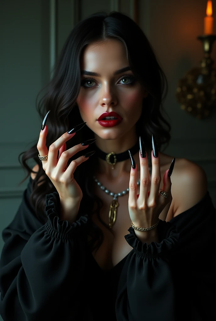 Evil young queen with long red fingernails and black dress with neckline loses her power