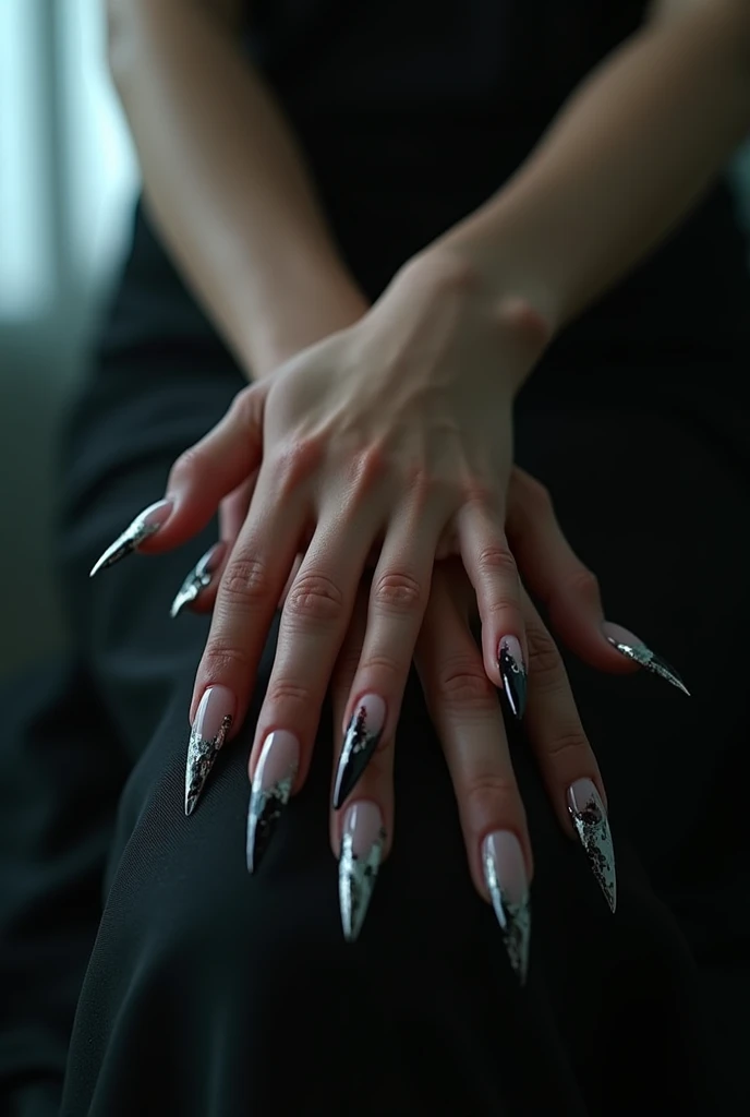 woman with glossy XL stiletto french tip nails that are venomous