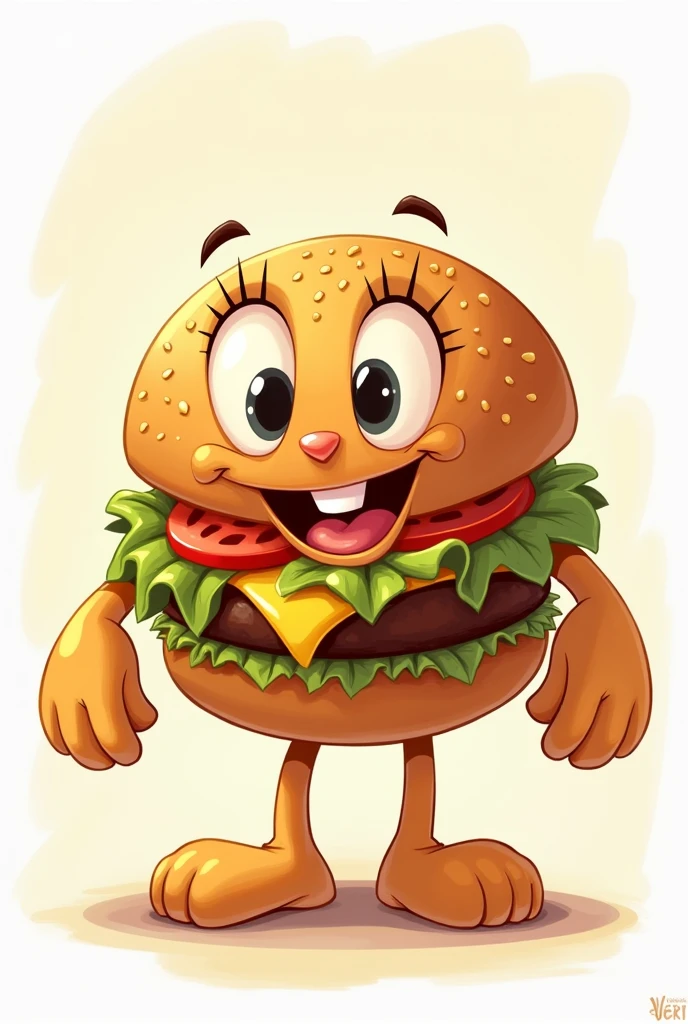 2D burger with cartoon face, Bugs Bunny style hands and feet