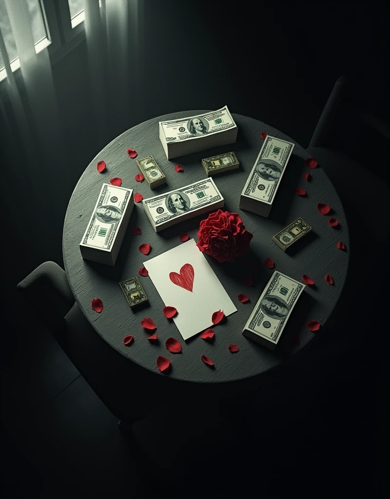 Create an image with a dark environment, Dramatic, a table seen from above, with lots of money bills, a cell phone with a notification, a handwritten letter with a broken heart and a rose with petals on the side