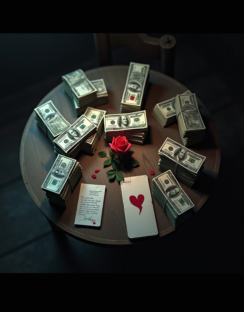 Create an image with a dark environment, Dramatic, a table seen from above, with lots of money bills, a cell phone with a notification, a handwritten letter with a broken heart and a rose with petals on the side