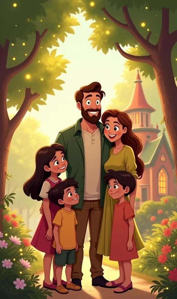 Use the man in the inspiration image, insert a woman into the scene, his wife and 3 children, everyone smiling like a happy family, use a house and trees as a background, create image in Disney character style