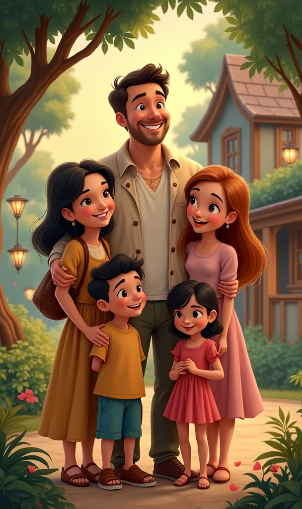 Use the man in the inspiration image, insert a woman into the scene, his wife and 3 children, everyone smiling like a happy family, use a house and trees as a background, create image in Disney character style
