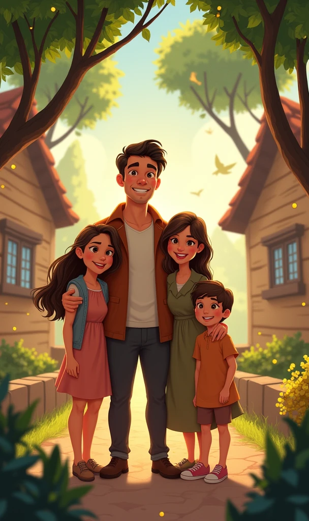 Use the man in the inspiration image, insert a woman into the scene, his wife and 3 children, everyone smiling like a happy family, use a house and trees as a background, create image in Disney character style