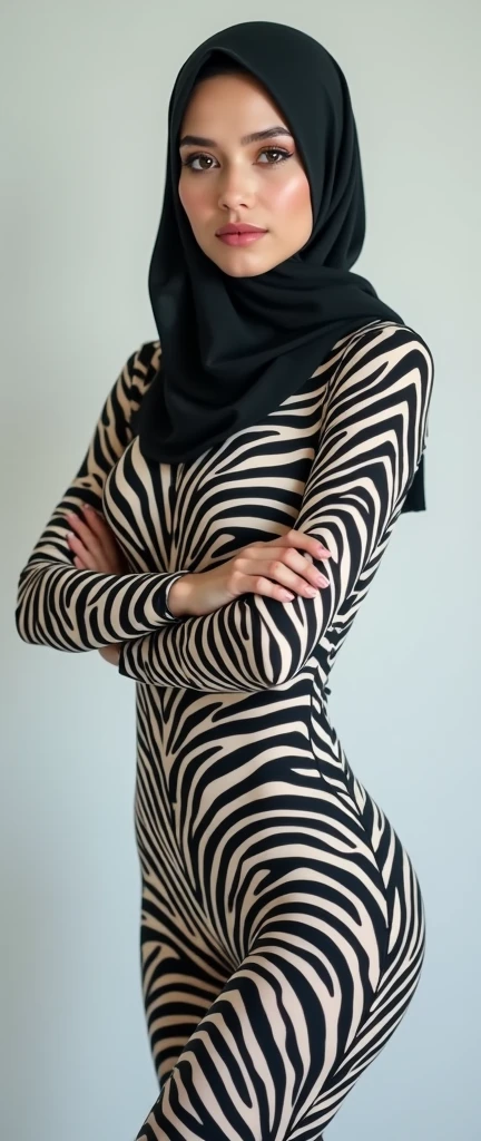 The most beautiful,thin,most pretty and clever Malaysian muslimah adult girl with beautiful cheeks wears plains zebra lycra turtleneck unitard catsuit covered with stripes.She always wear plains zebra lycra dancewear stretchy hijab covered with stripes.She sees right