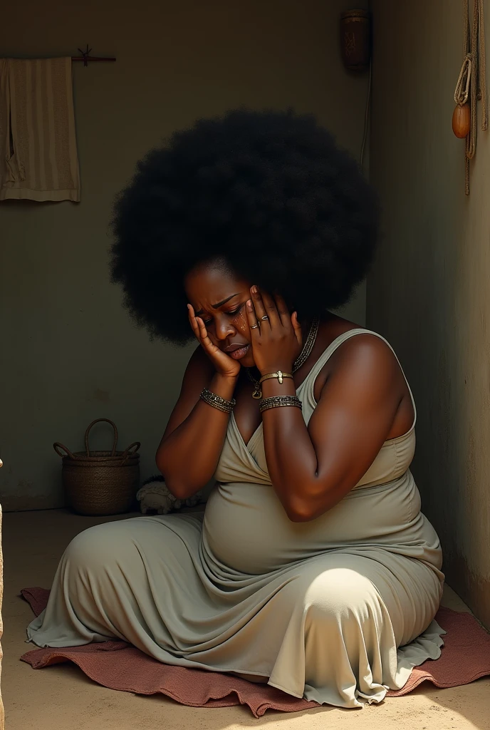 Generate an image of an African crying curvy lady with afro in bed crying in her room in a village