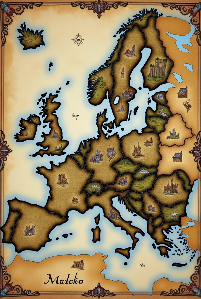 Make a paper map of a medieval tabletop RPG on the map of Europe