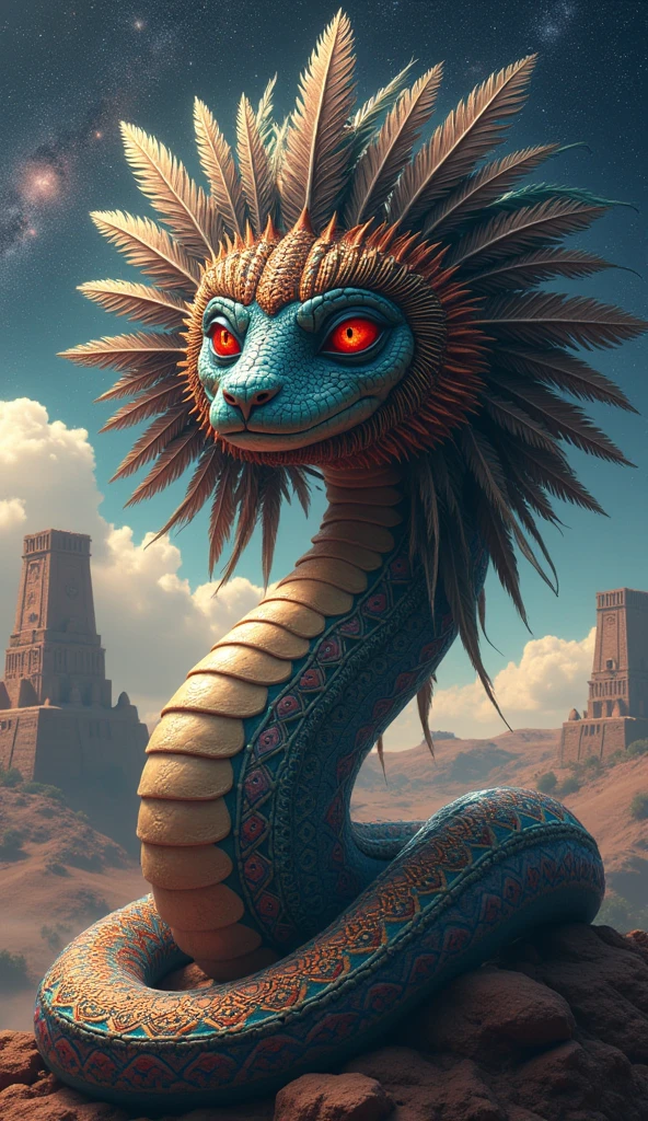Quetzalcóatl, «the feathered snake», PRETTY EYES, highly detailed face, BEATIFULL eyes , STARS GALAXY background, 4k, high resolution, TATTOOS, PYRAMIDS, WINGS ON THE FEET, THE KING OF TALOACAN, PENACHO Set of raised feathers that certain SNAKEs have on the top of their heads. SNAKE HEAD PENACHO, SNAKE WINGS