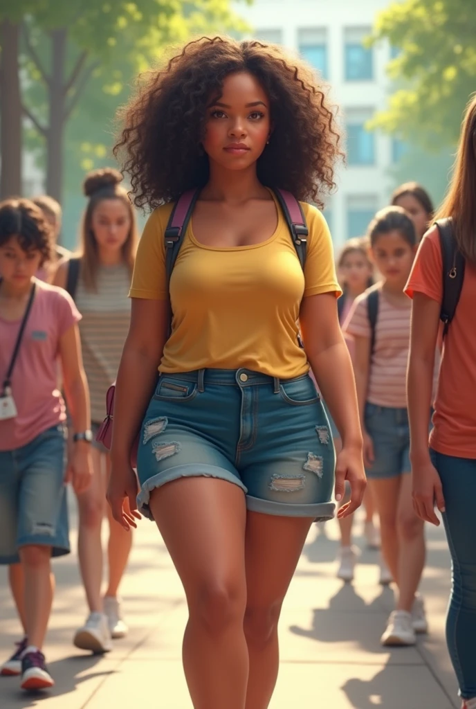 a girl at school with a fuller body, shorter clothes, a little thinner and shorter clothes