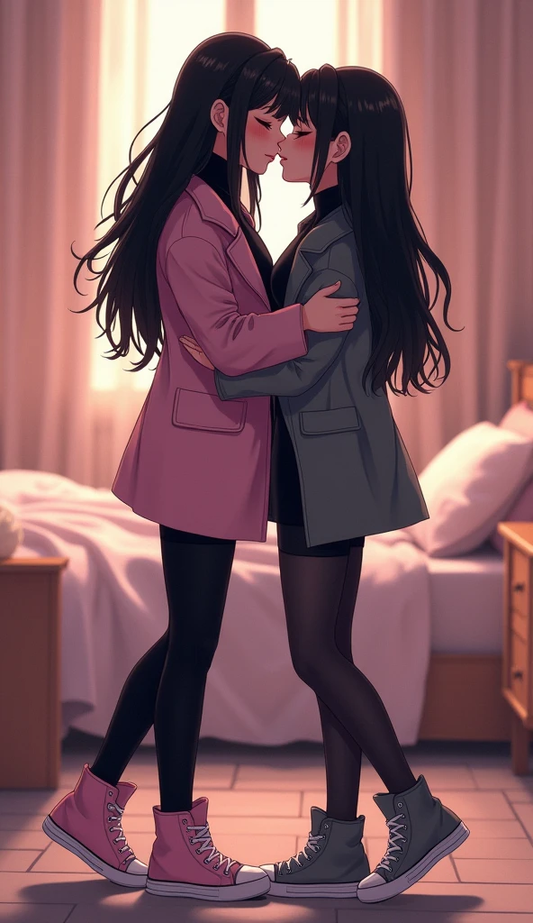 Two young womens, long black hairs, yuri, lesbian

The first young women black eyes wear a pink coat, black shirt, black pencil skirt, black underpants, black tights, white socks, pink sneakers high top.

The second young women black eyes wore a grey coat, black shirt, black pencil skirt, black underpants, black tights, white socks, grey sneakers high top.

french kiss, lesbian kiss, kissing, hugging, sensual body, closed eyes, insert finger into her vagina through the black pencil skirt, bedroom, cartoon novel, 4K, HD