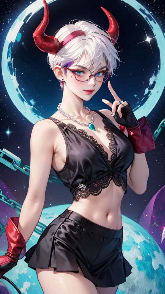 8k, masterpiece, best quality, highly detailed, 1 girl, tiefling, warlock, multicolored hair, very short straight hair green highlight hair on white hair, strippled hair, wearing glasses, round glasses, earrings, red eyeshadow, long eyelashes,navel piercing, blushed cheek, necklace, collarbone, mole, glamorous, purple and teal clothing, villainy, smirk, seductive face, close up view, rings, looking at viewer, demon horns, solo, chinese dress, ballroom, palace, blue pale moon, sitting,
