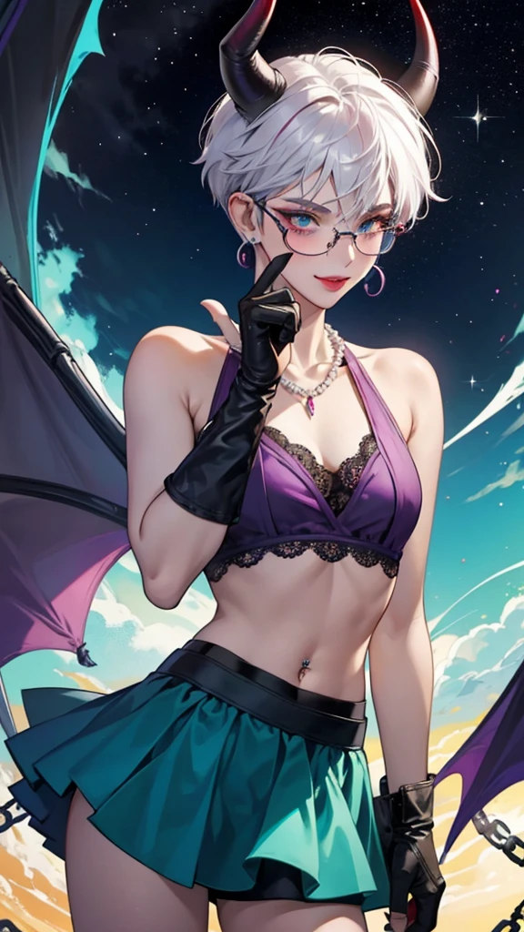 8k, masterpiece, best quality, highly detailed, 1 girl, tiefling, warlock, pixie cut, multicolored hair, very short straight hair red highlight hair on white hair, strippled hair, wearing glasses, round glasses, earrings, navel piercing, red eyeshadow, long eyelashes, blushed cheek, red lips, pearl necklace, rings, collarbone, mole on face, glamorous, teal and purple clothes, sleeveless, miniskirt, smirk, close up view, rings, looking at viewer, demon horns, solo, starry sky, pale blue moon, standing, boxing stance, demonic arms, chains on the background, black lace gloves.
