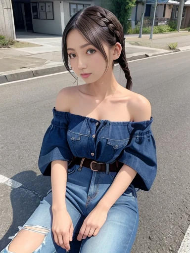 Japanese female, (underweight), (medium bust best quality:1.0), 30 years old,
road, (fall forward:1.4), braids, (off shoulder top), (jeans)