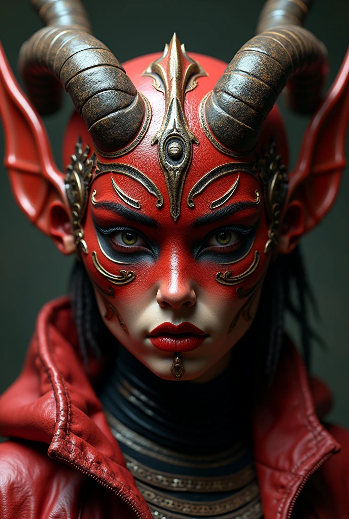 ((Mediovale)), uma mulher Tiefling, reddish skin, ram horns,  completely white eyes, eye patch on the left side, scar under the eye patch, scar on the lips on the right side, Bblack hair, hair tied in a bun, scraping both sides, a braid on each side of the bangs.