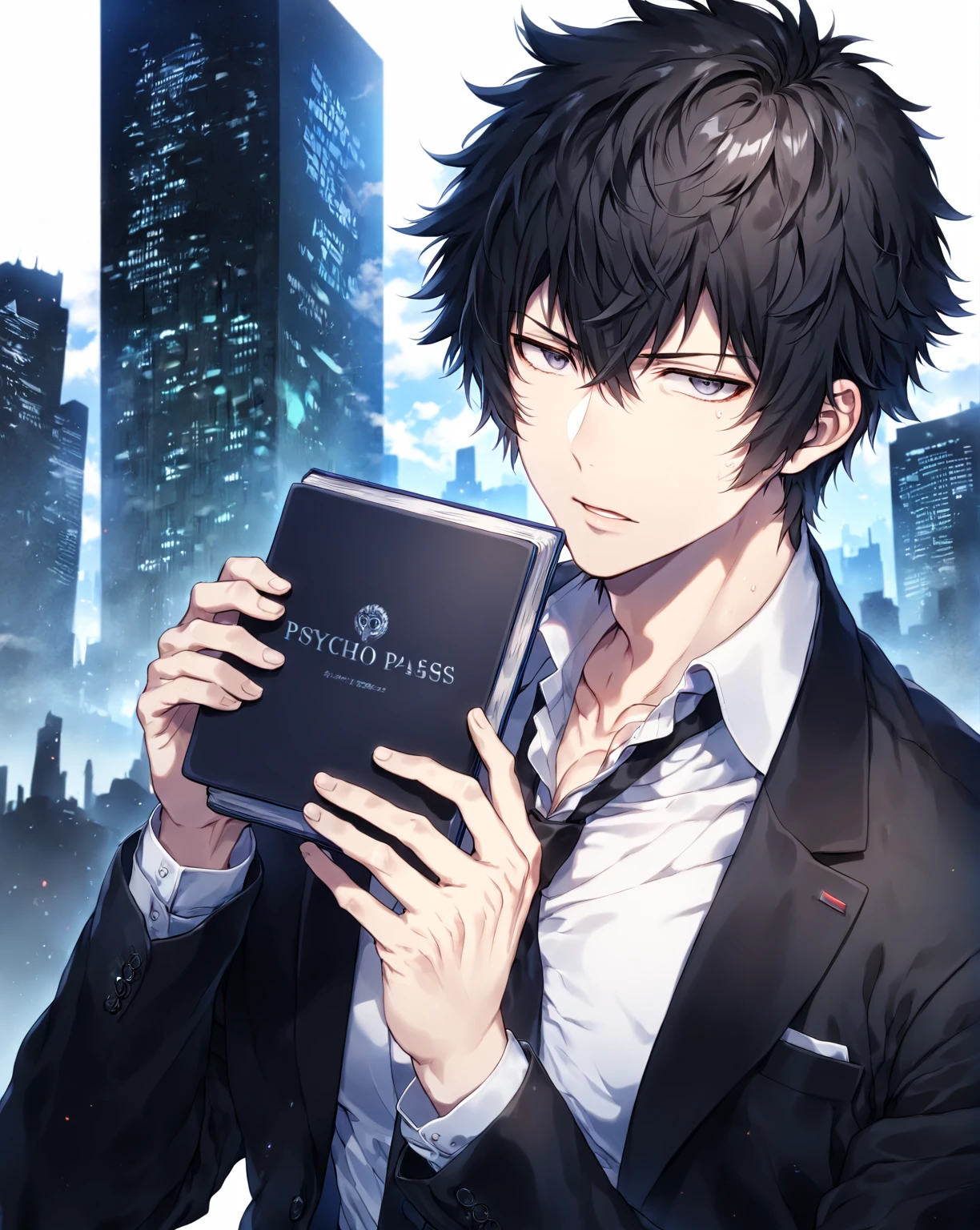 absurdres, highres, ultra detailed, HDR, master piece, Kougami Shinya, black hair, expressive gray eyes, black jacket, white shirt, black necktie, Psycho Pass, sexy man, handsome, best quality, fantasy, magical, solo, sensual, city, clouds, blue sky, manly man, holding a book