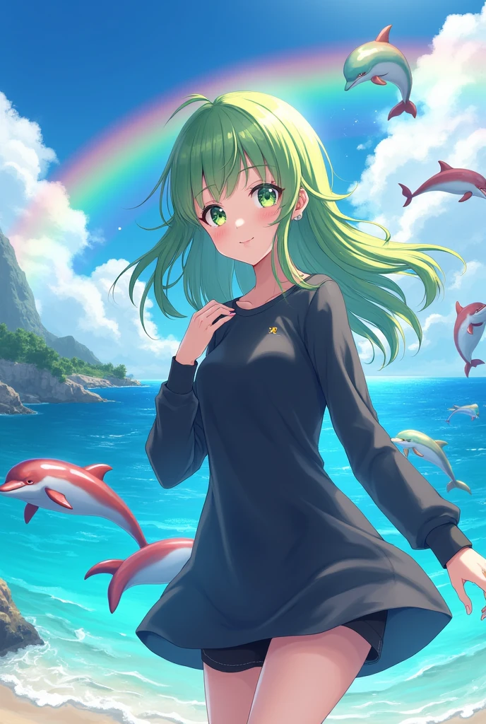 Rainbow dolphins, in a beach, bright rainbow in the background, Bright sea, anime girl, Long green hair, green eyes, Pale skin, long black shirt, black shorts, happy face, high quality