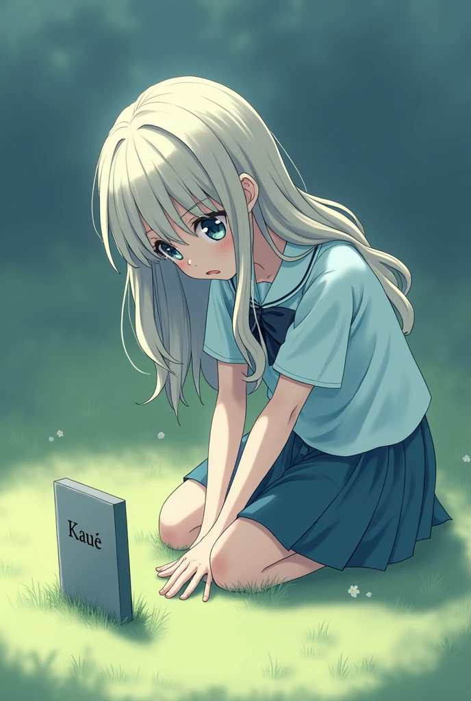 an anime girl with her head down and on her knees in front of a small tomb with the words kauê written on it