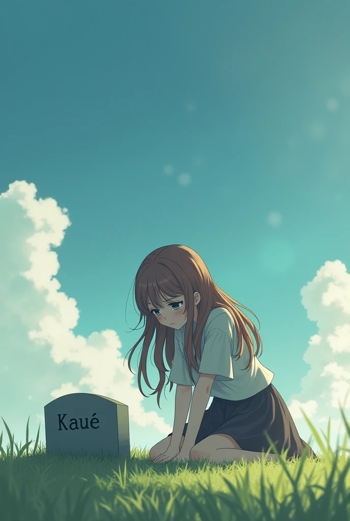 an anime girl with her head down and on her knees in front of a small tomb with the words kauê written on it