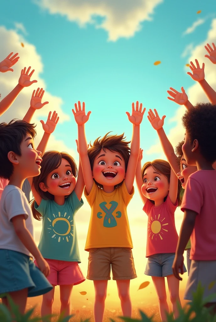 A group of children raising their hands together, with Electro, Luzia and Chispita in the center smiling, symbolizing their promise to take care of energy.