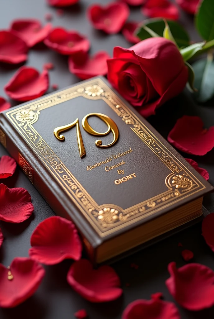 I really liked the design you just made. I would like the design of the book to be embossed and for the pages to be a little noticeable. You can put the number 79 on the front and, as a complement, the title that has 79 rose petals and one more year.
