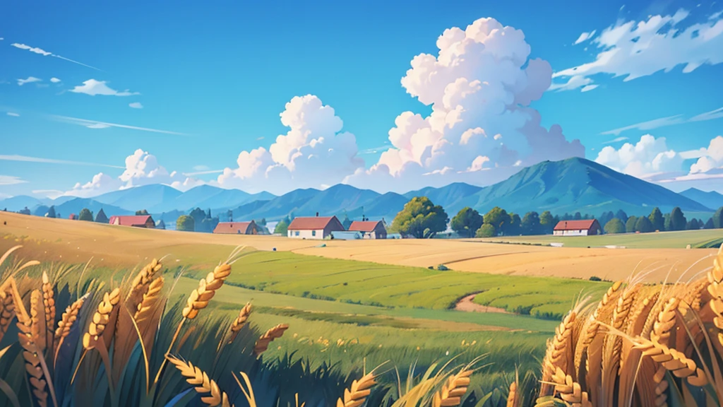 A hill with wheat plantation, in the background a beautiful blue sky with clouds.