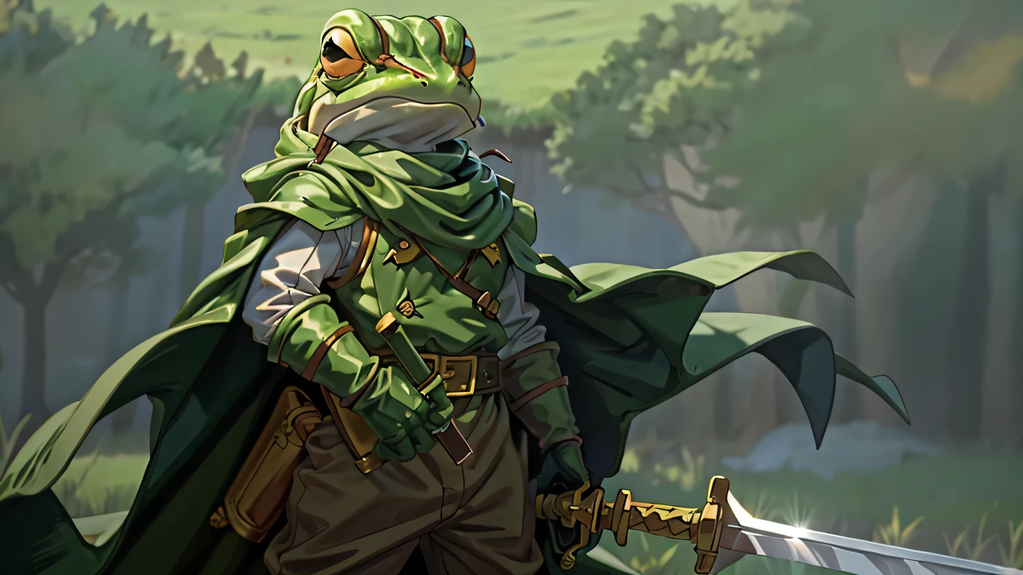 frog man, frog chrono trigger, wielding a sword, looking straight ahead, wearing a green cloak and medieval clothes, is standing on a background of green fields, Photorealist, ultrarealistic, cinematic, full hd, 