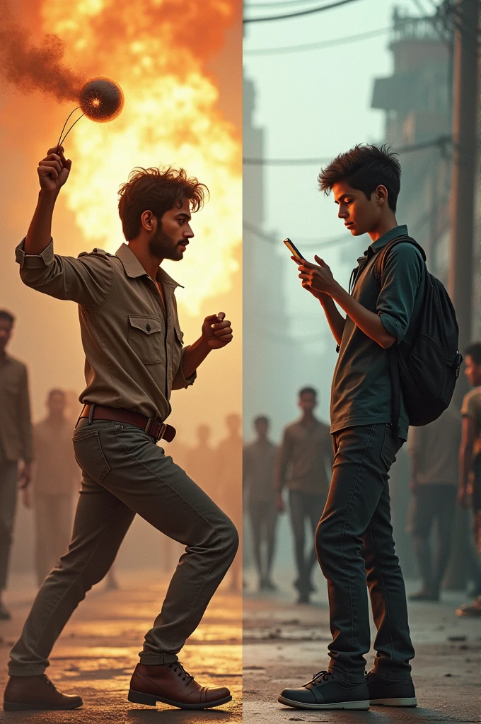 A side-by-side comparison: one side showing an 1 Khudiram throwing bombs, the other side showing a modern teenager texting, with a humorous contrast in intensity. Historical images looks realistic 
