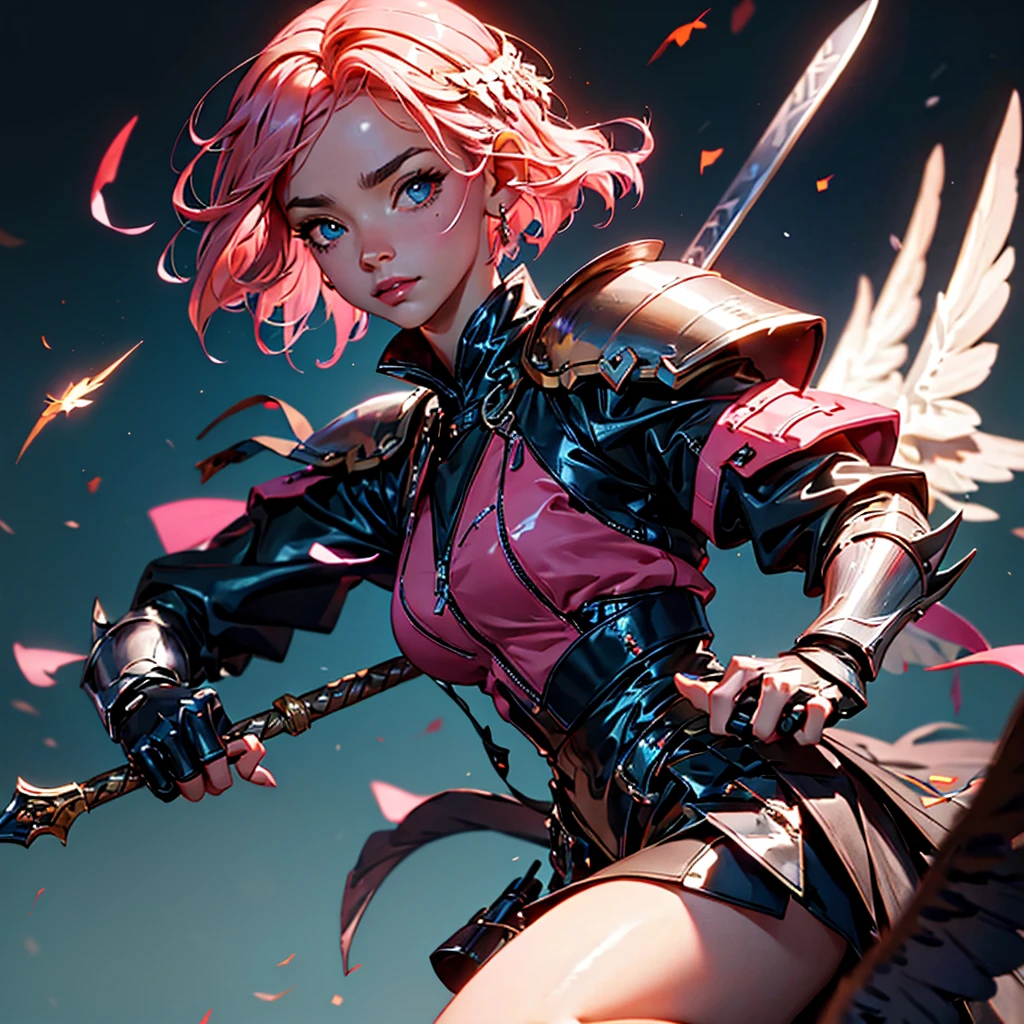 envision a 8k, highres, cinematic, beautiful close up portrait of a hawk woman with pretty mature features posing with a halberd with short pink hair, wings on head, a black shiny skirt, black tights, flight jacket, leather armor, magic effects in dark lighting, against a dark gray background