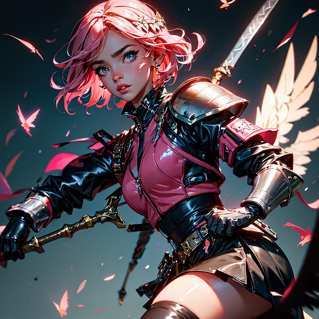 envision a 8k, highres, cinematic, beautiful close up portrait of a hawk woman with pretty mature features posing with a halberd with short pink hair, wings on head, a black shiny skirt, black tights, flight jacket, leather armor, magic effects in dark lighting, against a dark gray background