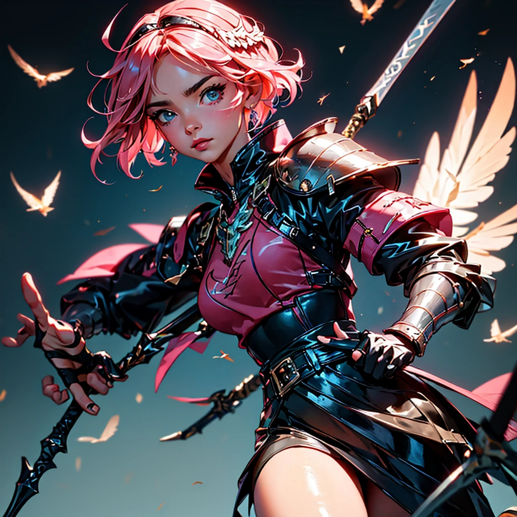 envision a 8k, highres, cinematic, beautiful close up portrait of a hawk woman with pretty mature features posing with a halberd with short pink hair, wings on head, a black shiny skirt, black tights, flight jacket, leather armor, magic effects in dark lighting, against a dark gray background