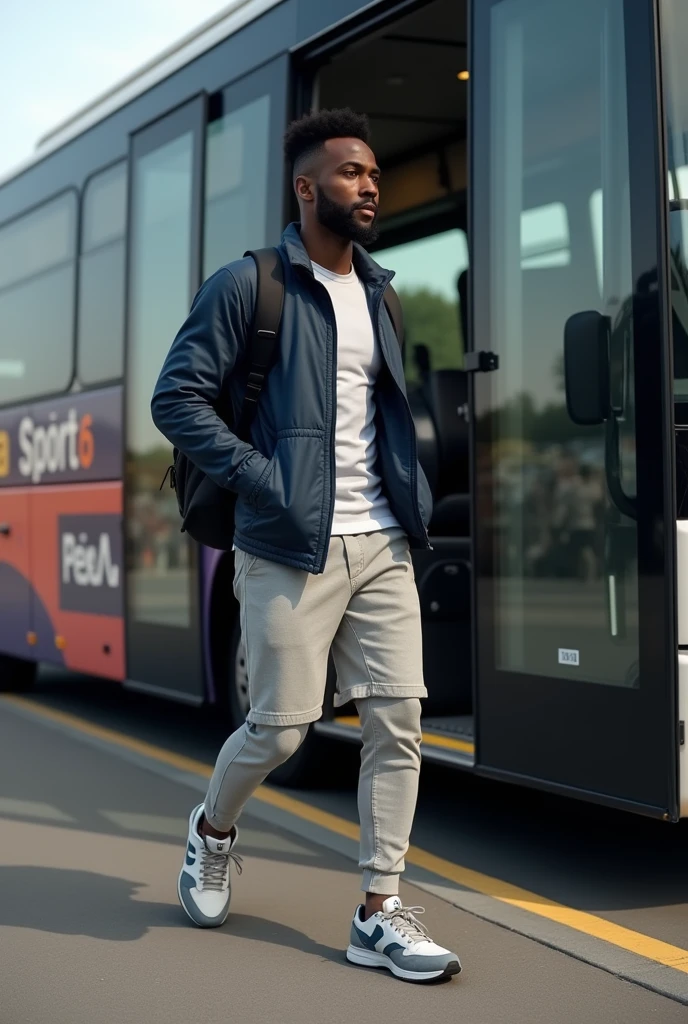 Black skinned European football player , leaving the club sports bus, dressed in normal clothes, with a backpack, Outside the stadium, arredores Outside the stadium onde o autocarro estacionou