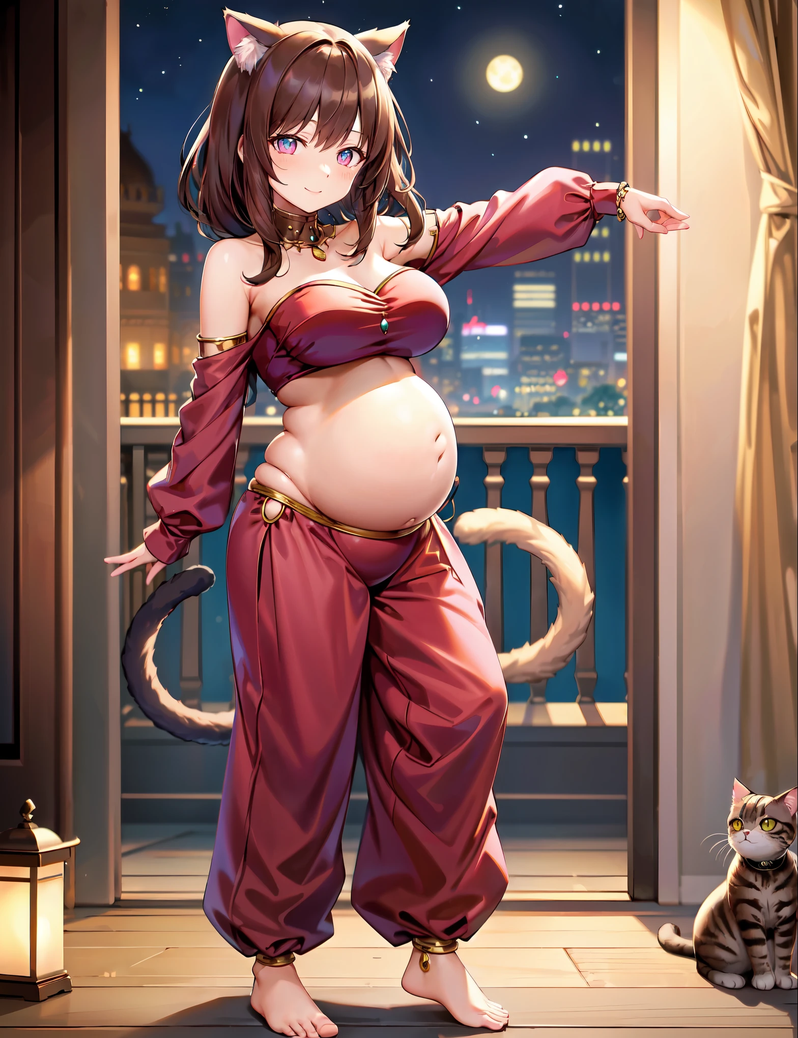  (best quality, ultra-high resolution, depth of field:1.2), (full body shot:1.2), (perfect body:1.2), (big breasts:1.2), (round pregnant belly:1.2), beautiful face, (2), (cat woman), radiant eyes, (pink eyes:1.2), (beautiful smile), (brown hair), animal ears, (fluffy cat ears), (fluffy cat tail), (strapless top:1.2), (long sleeves:1.2), (wearing a baggy harem belly dance pants:1.2), (bare feet:1.2), (full of jewelry:1.2), night time, (multiple points of views), (standing pose:1.2)