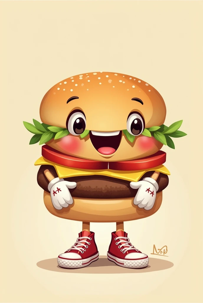 2D burger with cartoon face, hands with white gloves and feet with tennis shoes 