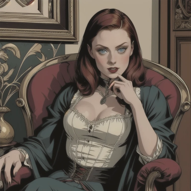 Seductive gothic vampire Deborah Ann Woll, sitting comfortably in a Victorian armchair, holding a glass of wine in her left hand and an album of antique photos in the other, looking at the viewer with an ironic expression, Victorian library setting, candlelight all around her