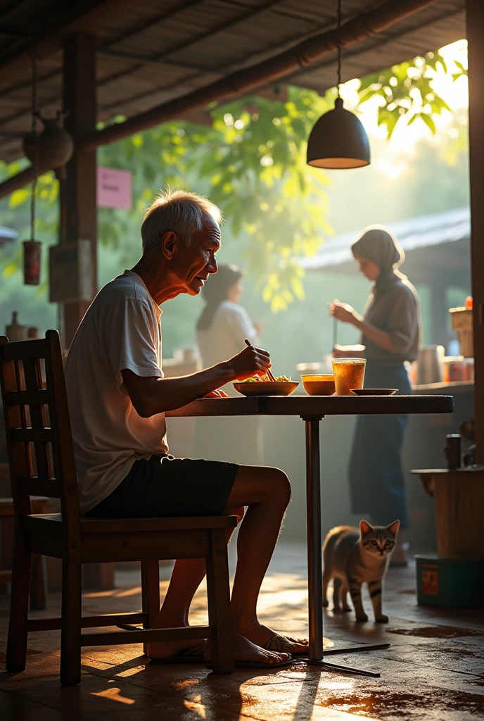 (Photorealism 1.2) high detailed definition cinematic cinematography old malay man wearing white t-shirt short trousers at old rusty wood coffee shop sitting drinking coffee bowl of noodles at table young women hijab shop attendant servings customer kids running cat begging food wet floor morning mode sunlight silhouette at Malay old town malay noodle store chef cooking