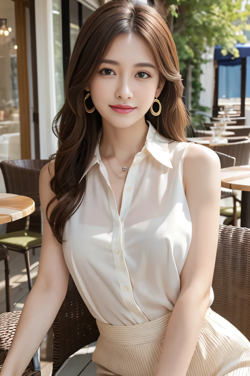 masterpiece, Highest quality, Realistic, Very detailed, Finer details, High resolution, 8k wallpaper, One beautiful woman,Wear a colored dress shirt, On the terrace of a lovely cafe, at noon, Light brown messy hair, Perfect dynamic composition, Beautiful and beautiful eyes、Big earrings、Sleeveless shirt、smile、See-through shirt、