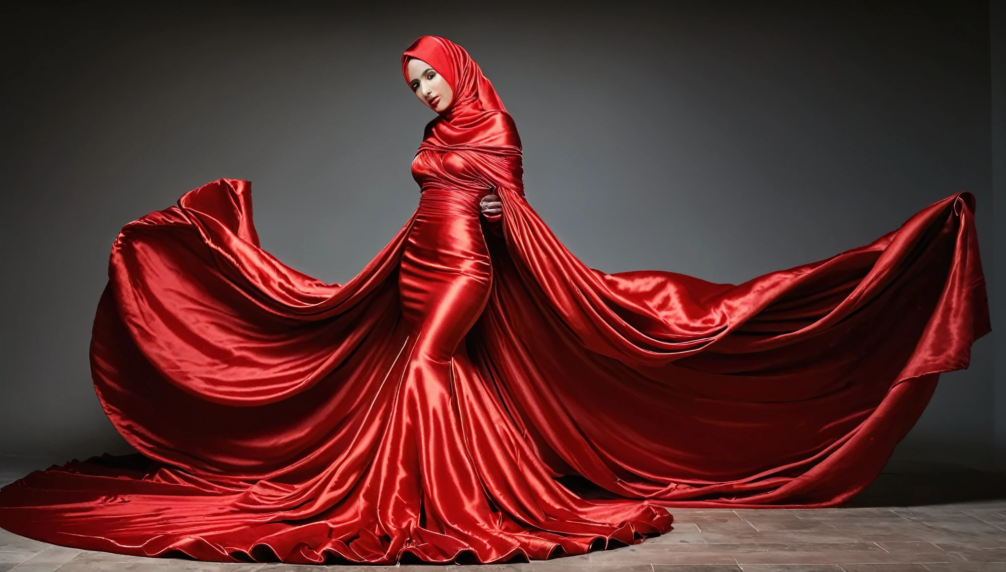A woman shrouded in a 10-meter-long, plush red satin cloth, tightly bound and grandly draping along the form of her body, flowing off into a pooled floor-length train, styled in a mermaid-inspired outfit, her head modestly veiled in a satin hijab, tall woman, in photo studio, a full-body pose posing in front of people, captured in a 4k resolution, ultra-realistic