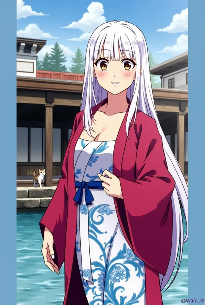 1 girl(masterpiece,top quality,best quality,official art,Beauty and aesthetics:1.2),silky smooth white hair,brown eyes,long hair,big sister,tall figure,enchanted,enchanting,Flushed complexion, playful expression, super gigantic breasts,Breasts larger than the head,Red and white kimono, clogs,Off the shoulders,detailed cleavage,Sitting on the stone steps by the water of a hot spring, steam over the water, thigh exposed, small tabby cat passing by behind her, white eye lashes.