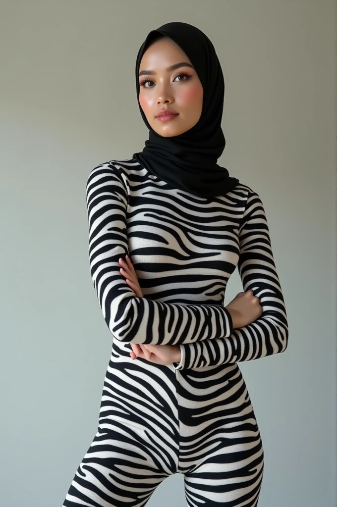 The most beautiful,thin,most pretty and clever Malaysian muslimah adult girl with beautiful cheeks wears plains zebra lycra turtleneck unitard catsuit covered with stripes.She always wear plains zebra lycra dancewear stretchy hijab covered with stripes.