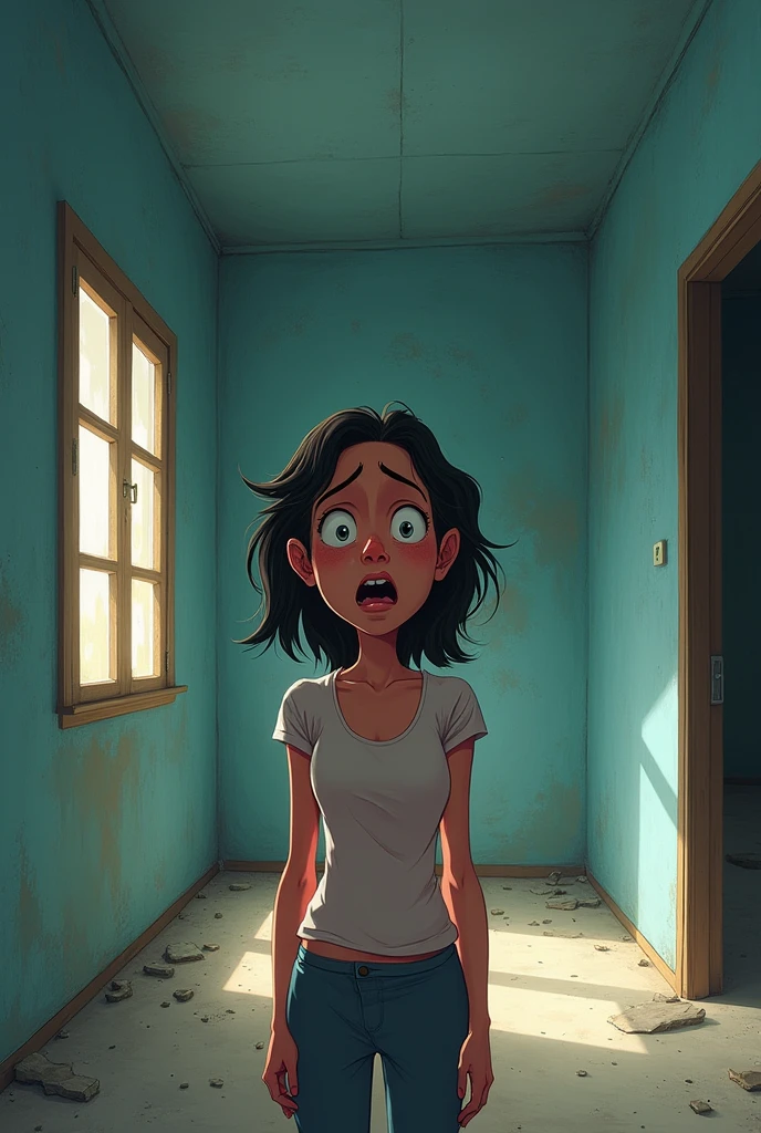 Scared woman, looking at the showcase of his empty house in animated style