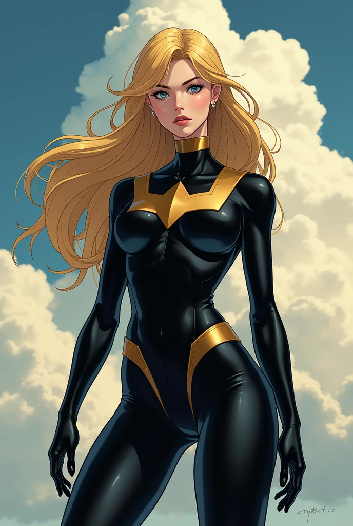 Young lady, blond long hair, blue eye, serious expression, corpo delgado, black superhero costume with gold details, tight-fitting, Muscular and strong body, clouds in the background, seen from a distance, full body view, 90's anime style, desaturated colors, many hatches, less detailed clean drawing