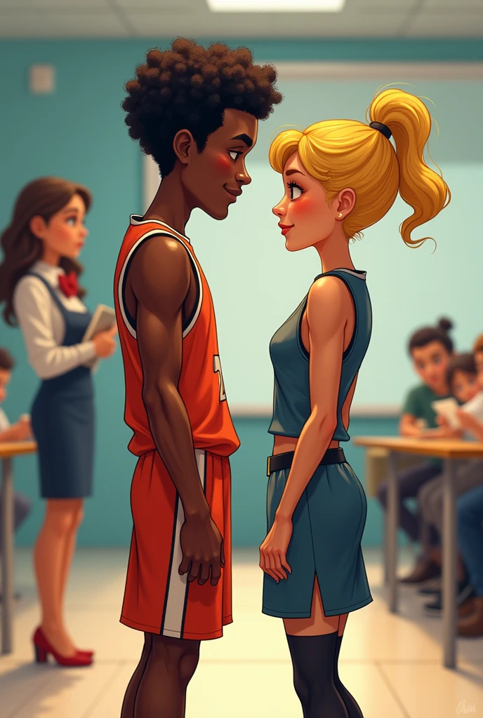 black male, Scrawny, curled hair, basketball outfit with blonde girlfriend short hair teacher with dress

