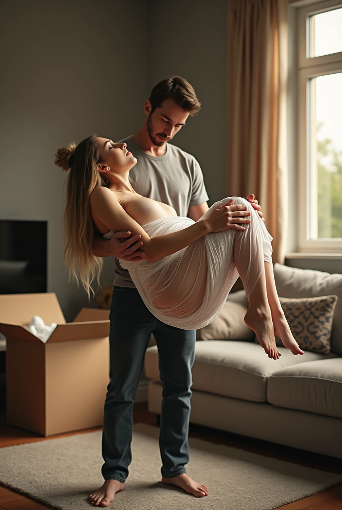 in a living room, A man in casual clothes is standing on the ground, carrying and lifting in his arms a beautiful sleeping naked blonde young adult European woman, Her body is wrapped in plastic and she has a gift bow on her head., The woman's body is stretched out and is on the ground, Full body view, On one side there is an open cardboard box with polystyrene, Excellent lighting, hyperrealistic quality image, high resolution