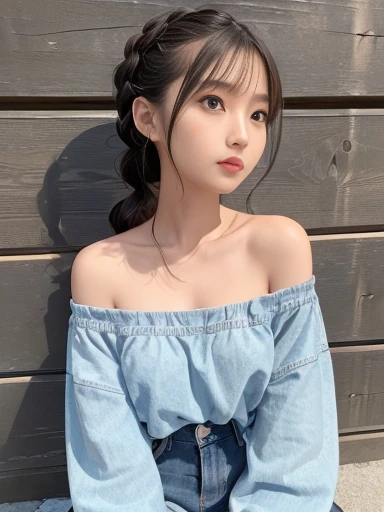 Japanese female, (underweight), (medium bust best quality:1.0), 30 years old,
road, (I'm about to fall:1.4), braids, (off shoulder top), (jeans)