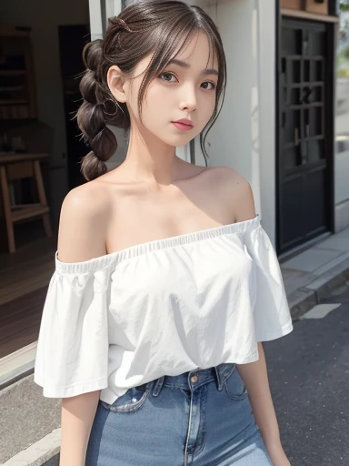 Japanese female, (underweight), (medium bust best quality:1.0), 30 years old,
road, (I'm about to fall:1.4), braids, (off shoulder top), (jeans)