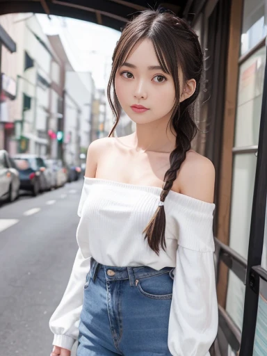 Japanese female, (underweight), (medium bust best quality:1.0), 30 years old,
road, (I'm about to fall:1.4), braids, (off shoulder top), (jeans)