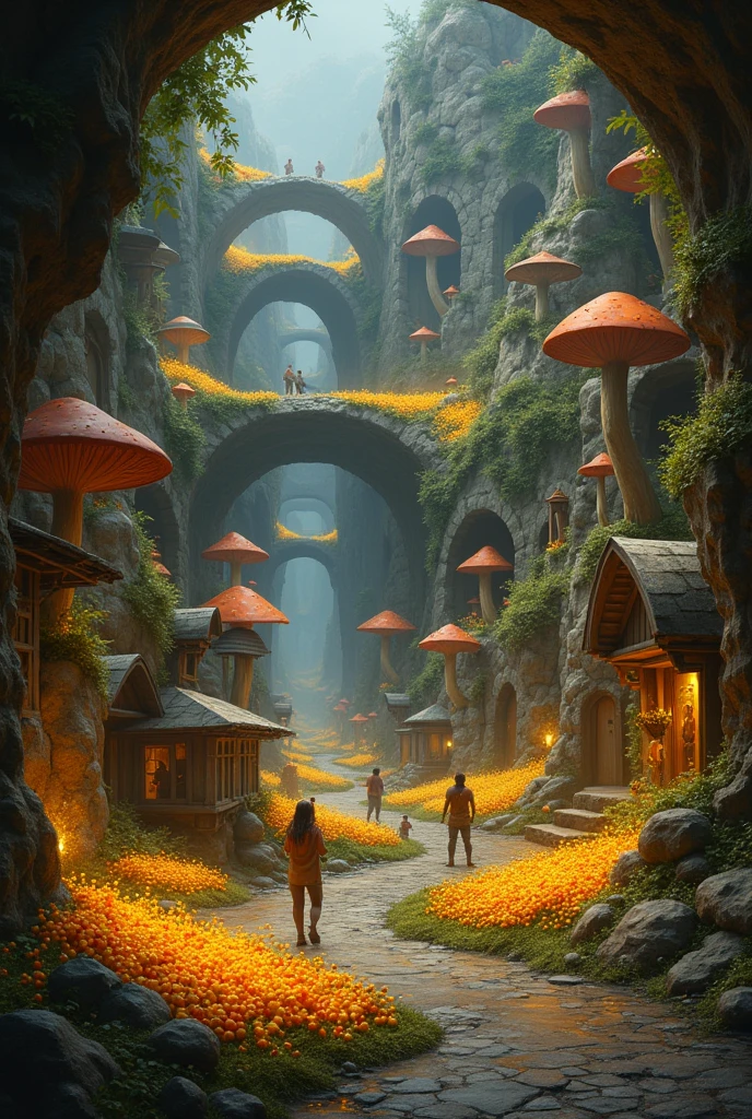 An underground city where there are bright yellow berries and villagers